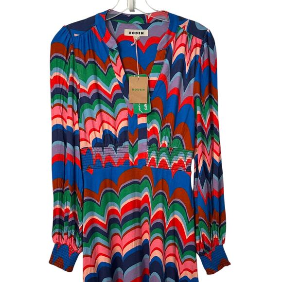 Boden NEW Smocked Ivy Midi Dress Womens Size 2 2R Abstract Wave Colorful Pockets - Picture 3 of 12